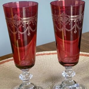 2 Stunning German Ruby Red Crystal Gold Accents Flute Glasses 7” Signed Eisch